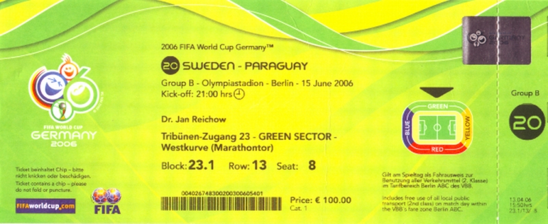 FIFA-Ticket JR f&uuml;r das WM-Vorrundenspiel Schweden-Paraguay, Berliner Olympiastadion 15. Juni 2006 (201K)