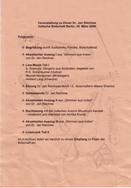 Programmzettel der Veranstaltung im Auditorium der Indischen Botschaft Berlin am 30.03.2006, (scan, 43K)